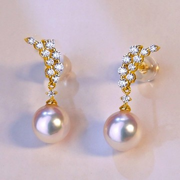 天然日本 Akoya 海水珍珠 耳環 極強光 天女級 正圓珍珠 耳飾 18K黃金 羽毛造型 耳釘