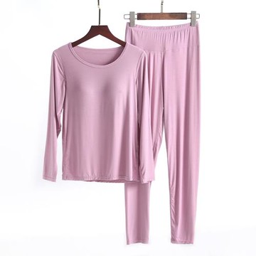 莫代爾帶胸墊長袖秋衣秋褲女套裝薄款秋冬季保暖修身家居服睡衣