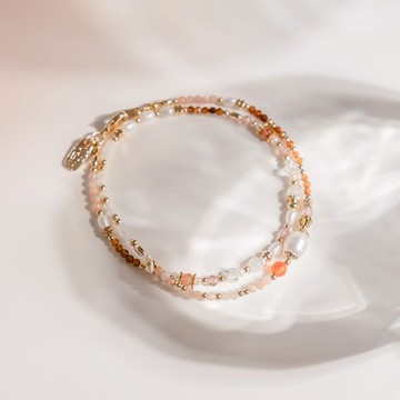 【Ficelle輕珠寶】世界盡頭的戀人｜ 紅瑪瑙 珍珠 太陽石 橙石榴石 月光石 草莓晶 白水晶 黃銅鍍18K金 雙層手鍊