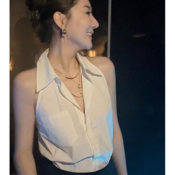 2024新款洋氣時髦流行小個子白色無袖襯衫背心馬甲上衣 短袖衣服 夏季襯衫 短袖襯衫 背心馬甲 無袖襯衫 白色襯衫