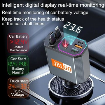 JBLGO車載手機快速充電器120W自帶雙拉伸縮線四合一快充帶星空燈