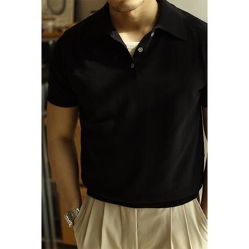 夏季翻領純色黑色Polo衫knit shirt美式復古針織短袖T恤阿美咔嘰
