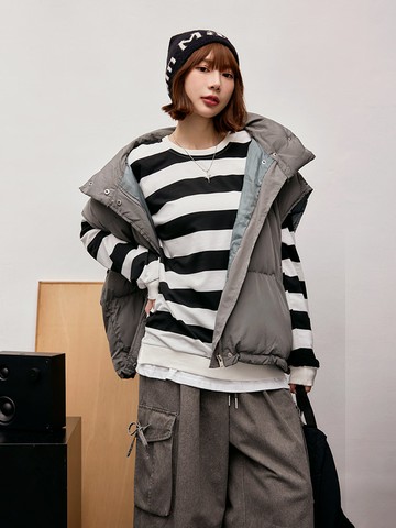 配色條紋層次下襬長袖上衣