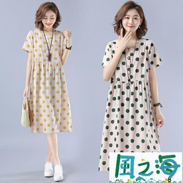 棉麻洋裝夏季文藝大碼時尚波點棉麻短袖連身裙寬鬆顯瘦小個子減齡中長裙女【千尋之旅】