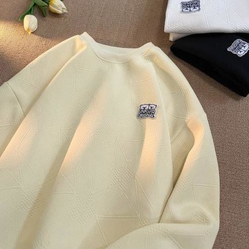 圓領衛衣男春秋款長袖打底衫肌理感提花上衣青少年休閑帥氣套頭衫