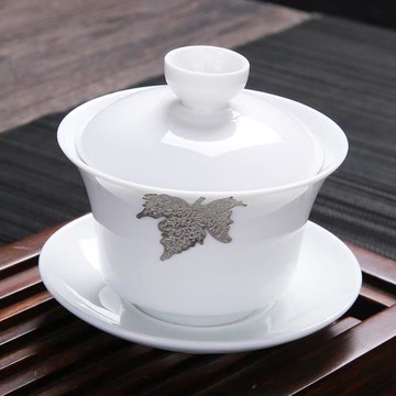 德化純白陶瓷三才蓋碗家用大號單個  泡茶敬茶碗防燙功夫茶具套裝