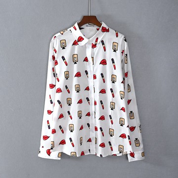 春秋款女裝修身甜美森女長袖翻領印花字母襯衫氣質顯瘦