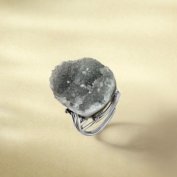 灰色瑪瑙活口戒指 隨形原石標本 星光閃片手工指環 S925銀 襯膚色