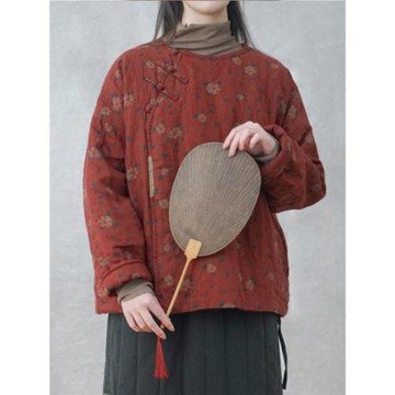 一言棉麻秋冬新品原創復古中式斜襟加厚亞麻圓領碎花盤扣棉衣棉服