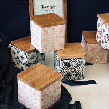 ins美式家居新款創意設計幾何花型手工彩繪陶瓷儲物廚房雜糧罐子