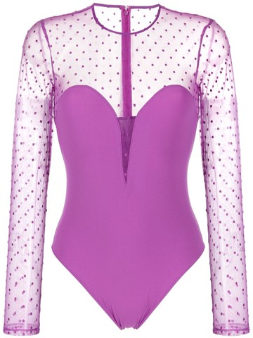 Fleur Du Mal - panelled long-sleeve mesh bodysuit - women - Elastane/Nylon - S - Purple