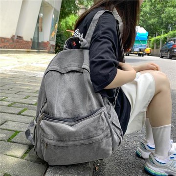 書包女初中生簡約牛仔布大容量高中生大學生背包日系原宿風雙肩包