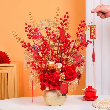 過年擺件果紅果仿真花假花瓶裝飾結婚新房開業客廳電視櫃新年 雙11全館免運