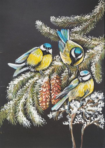 冬季山雀鳥在冬季森林繪畫動物藝術圖形鳥類繪畫