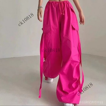 ✨可開發票#2023夏季美式街頭寬鬆顯瘦抽繩束腳飄帶工裝褲闊腿休閒長褲潮#免運費