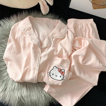 臺灣/✨ 睡衣  家居服 睡裙女睡衣『紅格KT貓』雲朵棉長袖長褲睡衣套裝女春秋新款家居服可外穿兩件