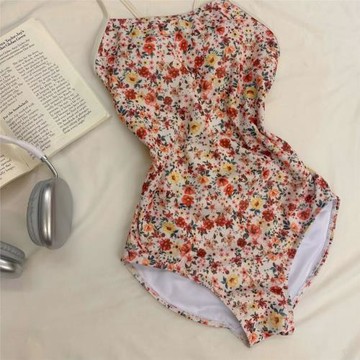 【繁花】女泳衣時尚碎花甜美性感露背三角連體運動專業競速女泳裝