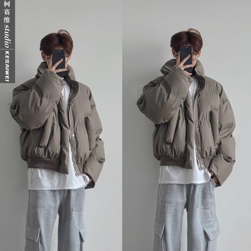 【台灣出貨】 pu皮棉服男冬季美式高街潮牌痞帥棉襖短款立領寬鬆麵包服棉衣外套