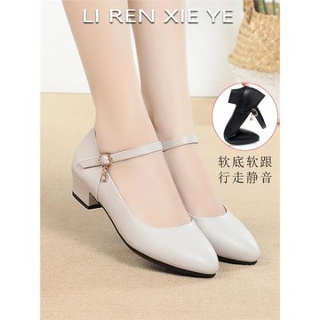 空姐白色真皮軟底粗跟工作鞋黑色皮鞋久站一字扣跳舞媽媽女鞋單鞋