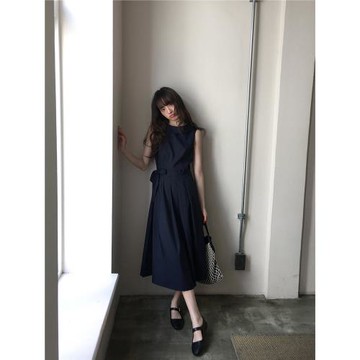 你好卡農 設計感系帶圓領背心連衣裙女夏新款高腰顯瘦氣質a字長裙
