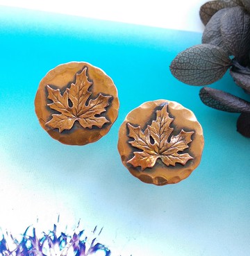 Vintage Jewelry 西洋古董飾品 Copper 手工 楓葉 栓式耳環