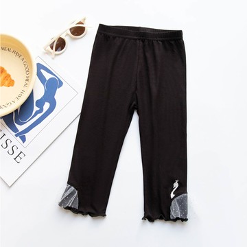 FANMOU - 涼感七分內搭褲-蕾絲天鵝-黑色