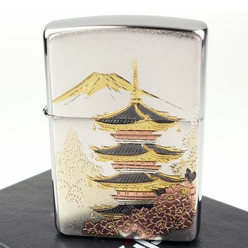 Zippo 日系~傳統藝術- 五重塔與富士山圖案電鑄板貼片加工打火機