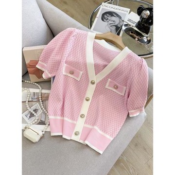 2025年夏季新款V領粉色小香風短袖針織衫冰絲開衫外套薄款上衣女