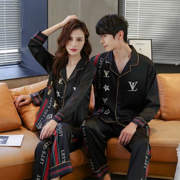 情侶睡衣2025春夏爆款冰絲綢拼色長袖套裝時尚薄款日系外穿家居服