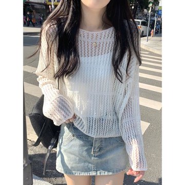 白色短款鏤空針織衫女夏季設計感冰絲防曬罩衫正肩長袖T恤上衣薄
