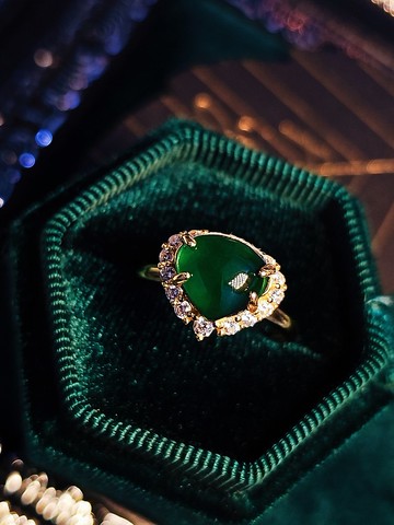 |招財甜心|A貨翡翠冰辣綠大愛心9.5mm純銀鍍18k黃戒指