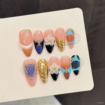 💟加一手工甲💅🏻爆款歐美手工穿戴甲暈染手繪立體鵰花假指甲顯白高級中杏仁形美甲純手工穿戴甲 SS4V