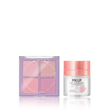 MKUP 美咖 （紫想澎嫩四色腮紅盤／白裡透紅四色腮紅盤）擇一＋賴床美白素顏霜