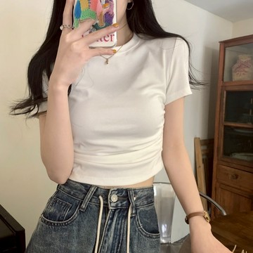 【太妮絲T247】現貨 春夏 圓領短版上衣 素色 百搭 上衣 修身 皺褶 設計感 短款 短袖