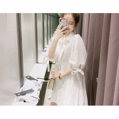 ミニ丈 シャツワンピース ミニワンピース バックプリーツワンピース チュニックシャツ パフスリーブ バルーンスリーブ ボリューム袖 五分 通販 Lineポイント最大get Lineショッピング