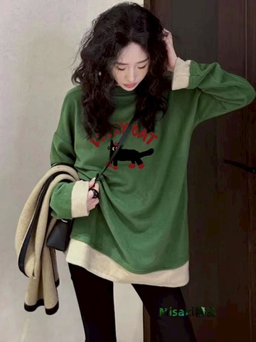 遮屁股綠色德絨加厚假兩件打底衫女內搭秋冬加絨磨毛慵懶長袖t恤-Misaki精品