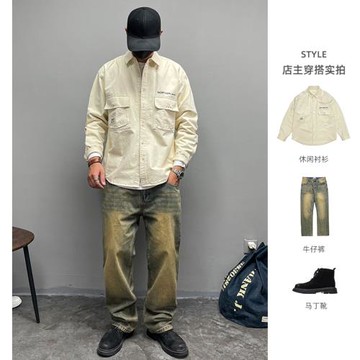 美式工裝重磅水洗純棉長袖襯衫秋季新款字母刺繡多口袋男寬松襯衣