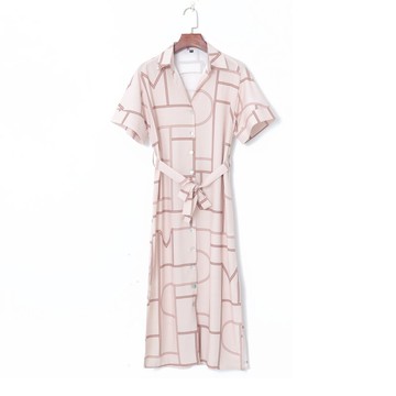 春季女裝歐美風幾何線條氣質翻領單排扣高腰系帶開叉襯衫裙