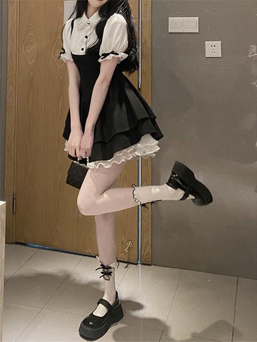 2022夏季新款韓版氣質假兩件襯衫拼接連衣裙女甜酷日系制服公主裙