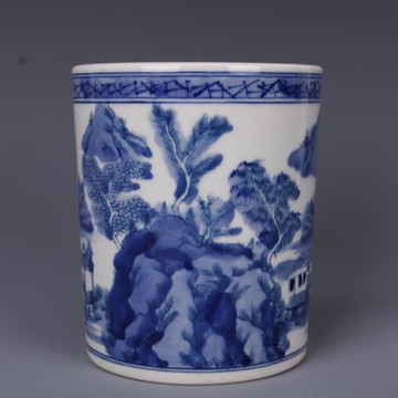 清康熙青花山水紋筆筒手繪仿古工藝瓷器家居文房中式古董古玩擺件1入