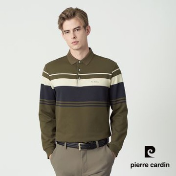 pierre cardin 皮爾卡登 休閒服飾 男款 條紋撞色長袖POLO衫-綠色(5255230-47)