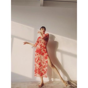 SOSO原創古典舞多情種旗袍高開衩練功長袖楓葉網紗透彈力舞蹈表演