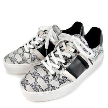 MICHAEL KORS LACE UP 滿版緹花Logo米X黑色皮革條飾休閒鞋