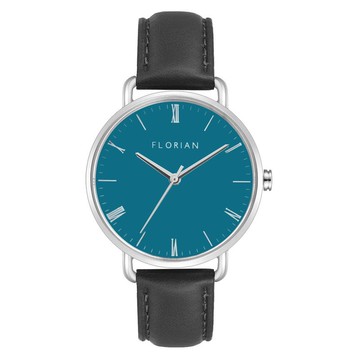 綠松石色錶盤 真皮錶帶 經典36mm手錶 | 黑色