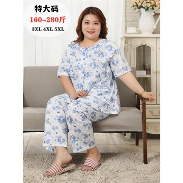 胖媽媽睡衣夏季碎花短袖薄款純棉老年婆婆家居服加肥加大碼200斤