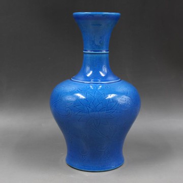 大明弘治年制刻花孔雀藍釉搖鈴尊瓶手工仿古瓷器家居擺件古董古玩1入