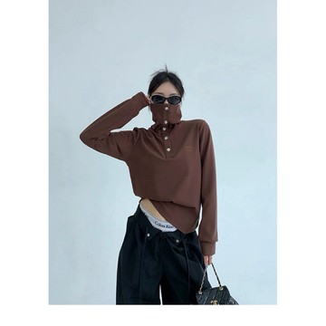 【RICECAKE & OISIS】美式高領 修身短款 長袖t恤 高級感 百搭 上衣 女