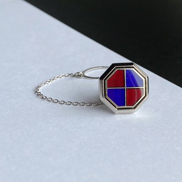 八角形 [石榴石 x藍石榴石 x 藍色] 景泰藍領帶大頭針紅銅金屬景泰藍