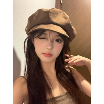 簡約咖色貝雷帽女春秋日系復古百搭八角帽大頭圍顯臉小畫家帽子潮