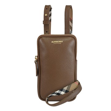 BURBERRY 8084601 燙金LOGO格紋飾邊斜背手機包.咖